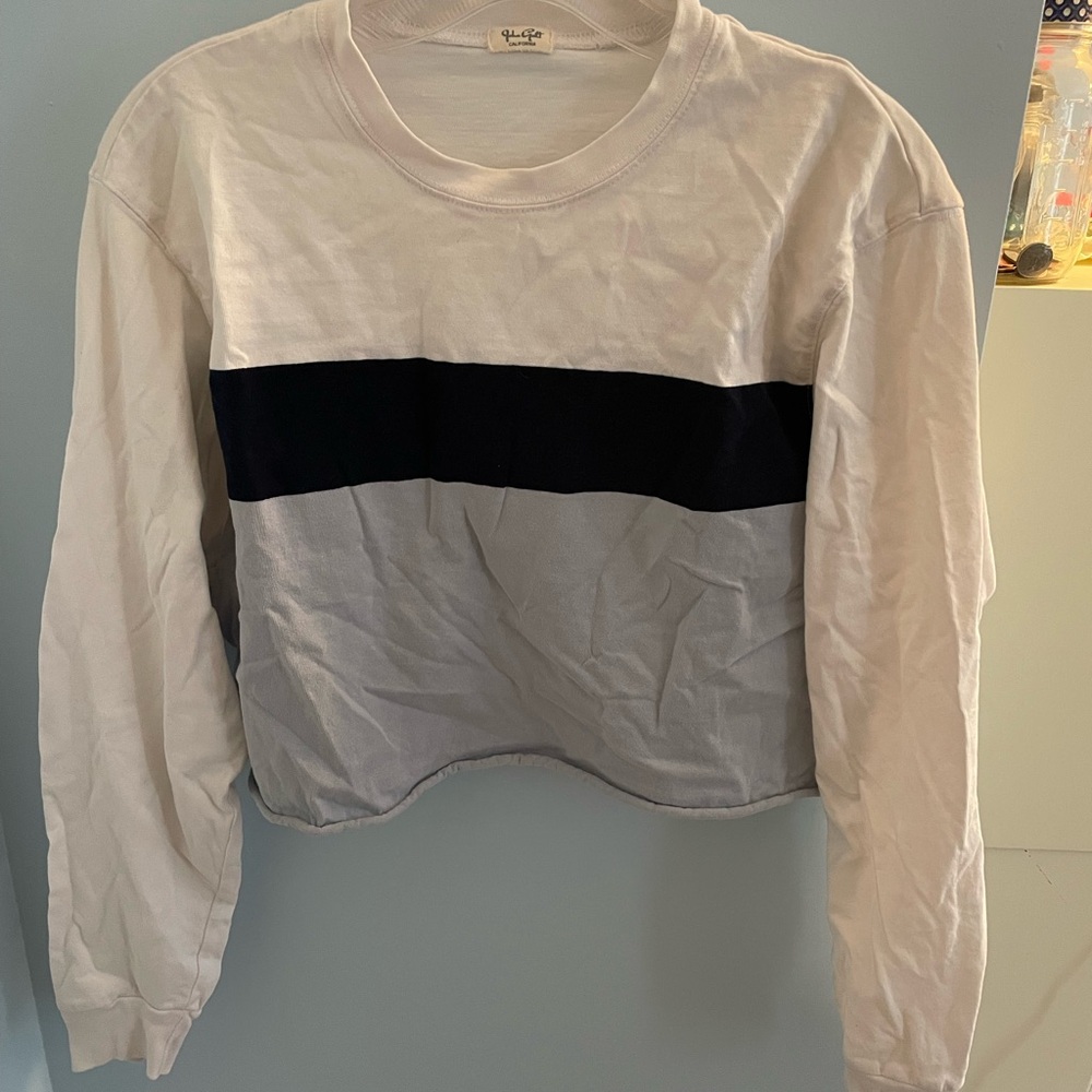 Brandy Melville White and Blue Colorblock Cropped Long Sleeve